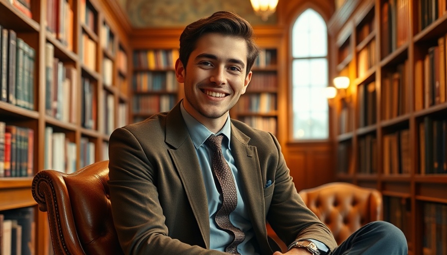 Dylan Efron smiling in library chair, photorealistic setting.