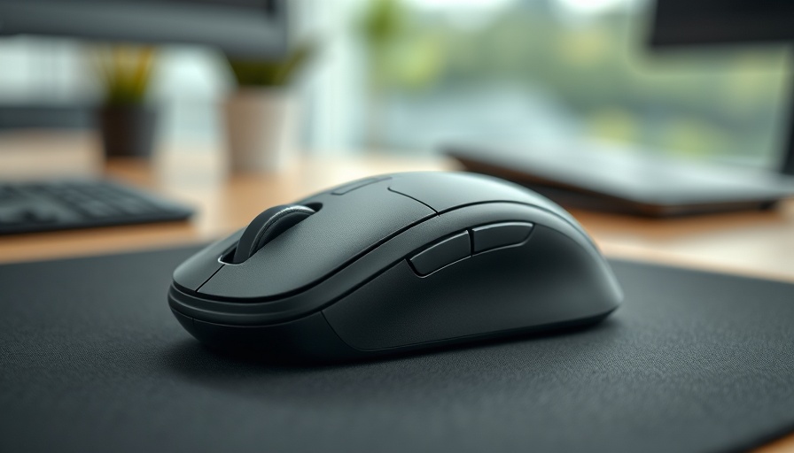 Ergonomic wireless mouse on a desk in an office setting.
