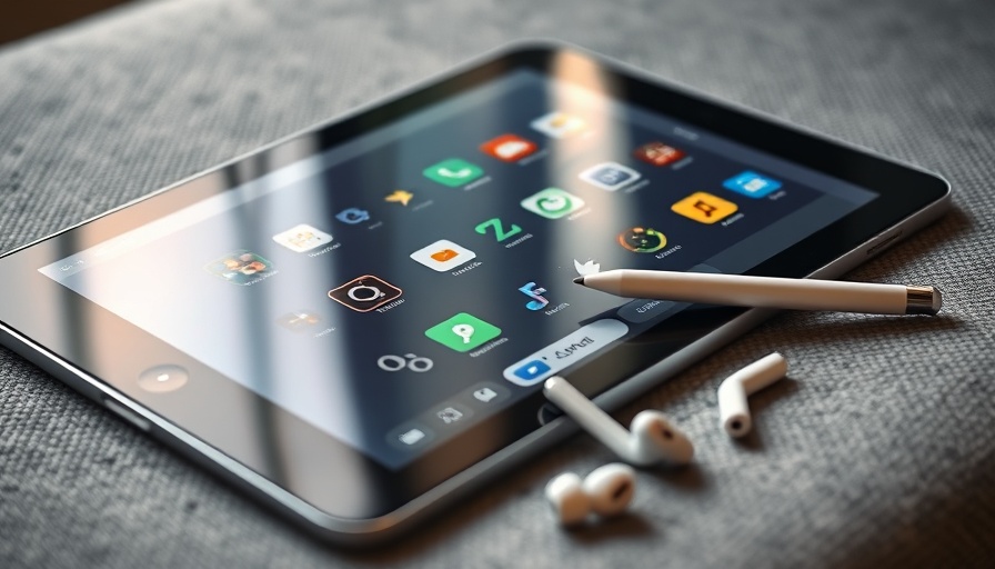 Tablet showing apps for digital nomads on fabric surface with earbuds.