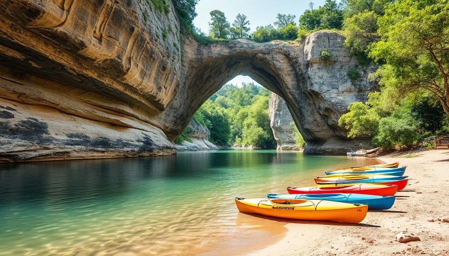 Picturesque Ardèche River with limestone arch and kayaks