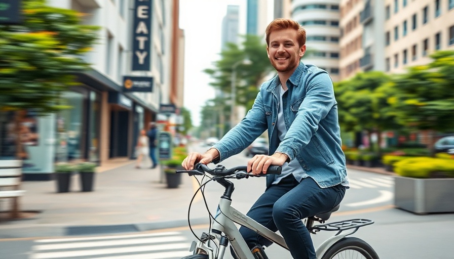 Young man riding an electric bike in the city, relaxed and content.