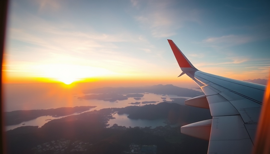 Airplane window view of sunrise over mountains and coast, healthy travel.