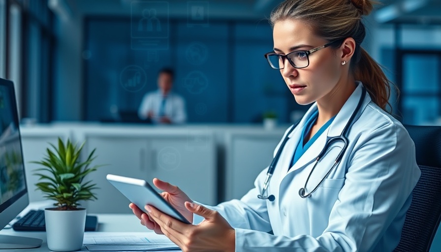 Healthcare professional using tablet with medical graphics overlay.