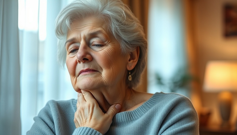 Elderly woman massaging neck for fibromyalgia treatment
