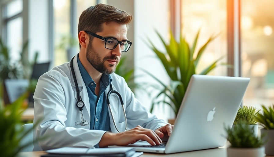 Doctor working on laptop in modern office, Content Marketing