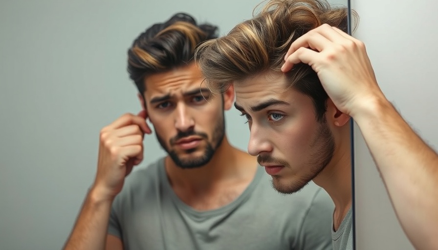 Concerned young man examining hair health in mirror, indoor setting.