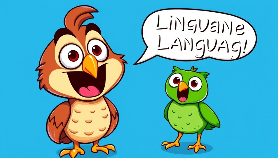 Cartoon characters discussing language learning, vibrant and dynamic.