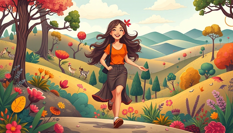 Cartoon of woman walking with happiness in vibrant forest.