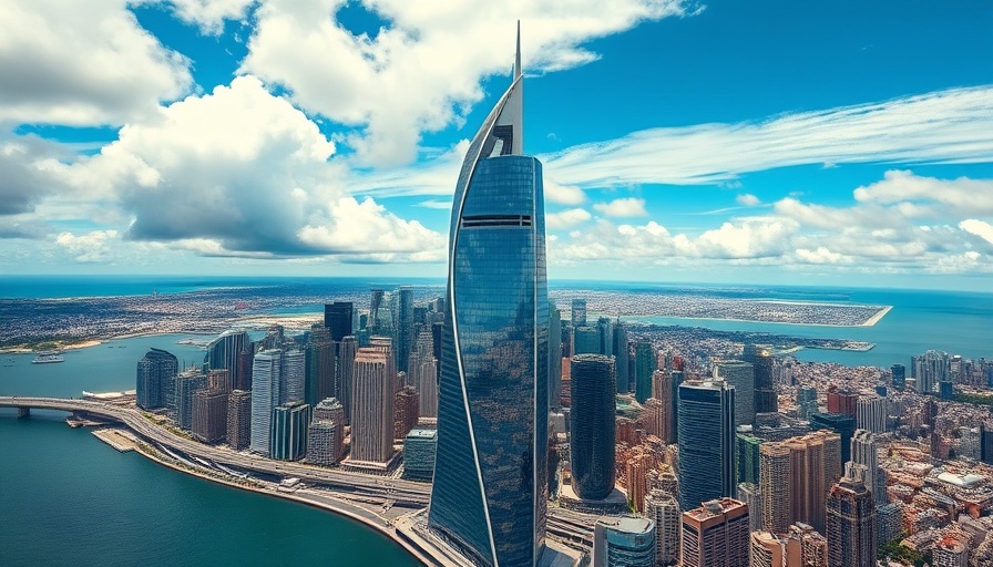 Okan Tower in cityscape, coastal view, modern architecture.