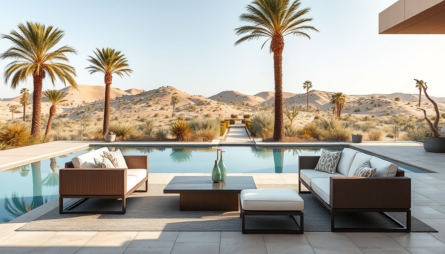 Arena outdoor furniture by a pool with desert and palms in background.