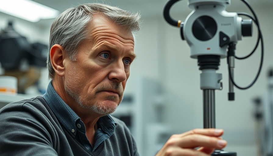 Middle-aged man in lab observing mechanical leg for joint health monitoring.