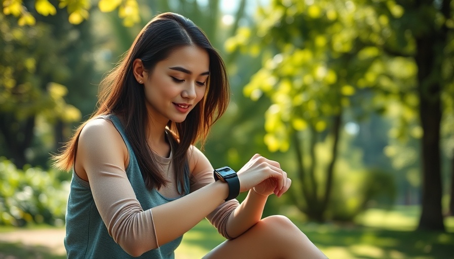 Woman using fitness tracker outdoors, focusing on chemicals.