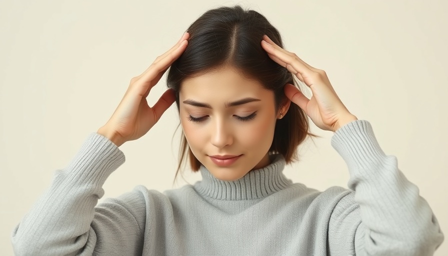 Young woman with headache, holding head, in gray sweater, neutral background.