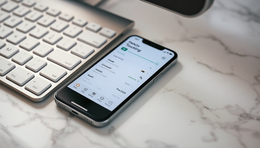 Smartphone showing tracking app, next to keyboard on marble surface.