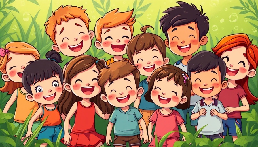 Cartoon of children playing together in a vibrant park setting.
