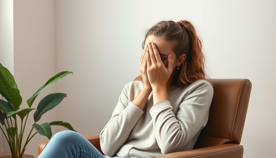 Stressed young woman in chair, hand over face, depicting emotional distress.
