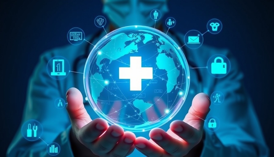 Emerging medical technologies depicted with digital icons and holographic globe.
