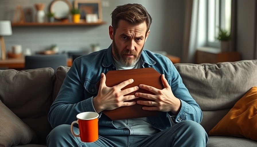Concerned man experiencing chest pain indicating heart blockages.