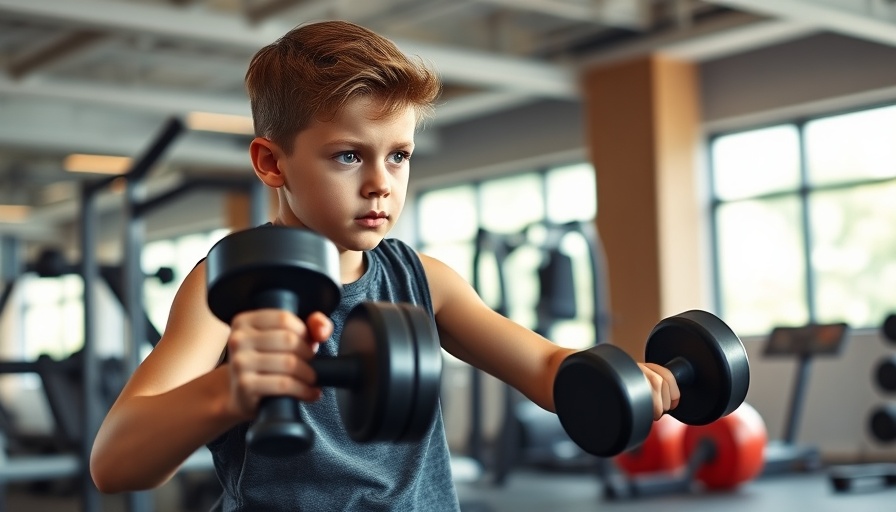 Young boy's strength training routine in a modern gym setting.