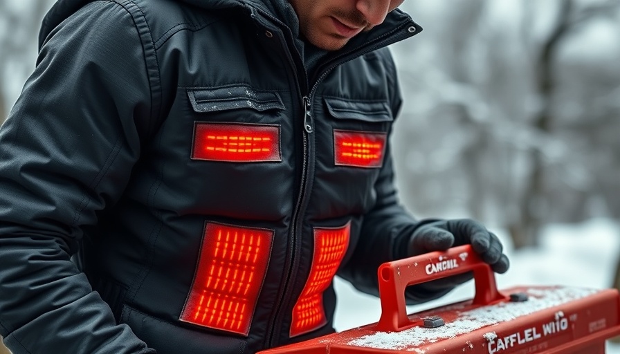Black heated vest with glowing elements beside worker with red toolbox in winter.