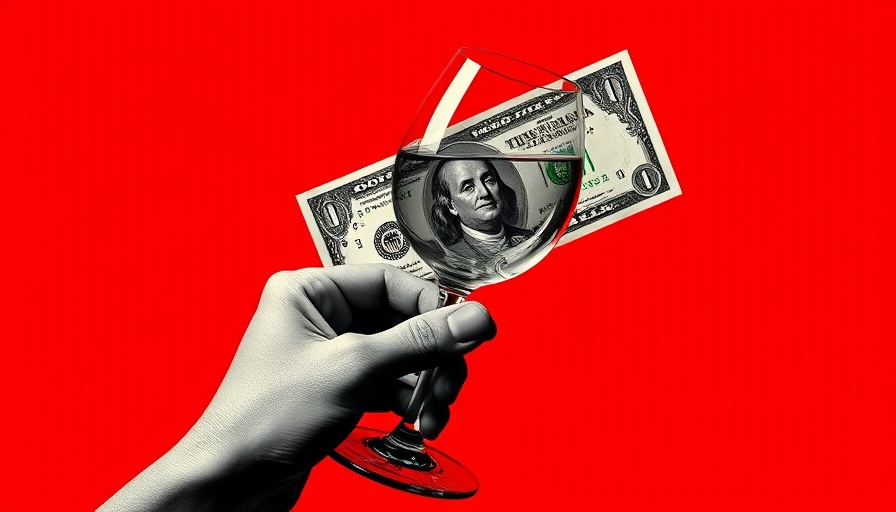 Stylized collage of wine and dollar bill on red backdrop.