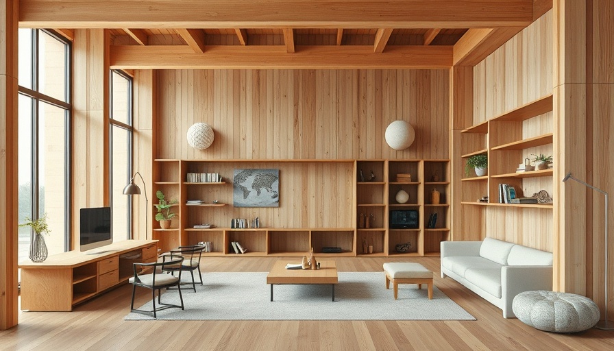 Minimalist modern workspace design with wooden structures and earth tones.