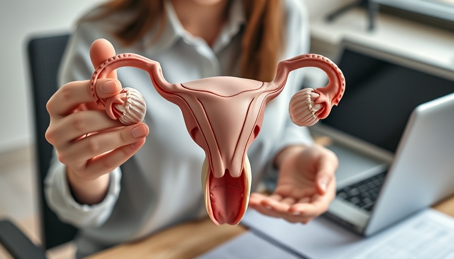Concierge OB-GYN holding anatomical uterus model on desk.