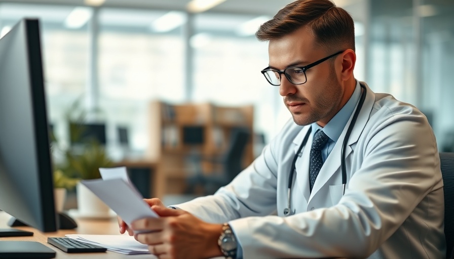 Physician burnout: Young doctor focused on paperwork at a desk.