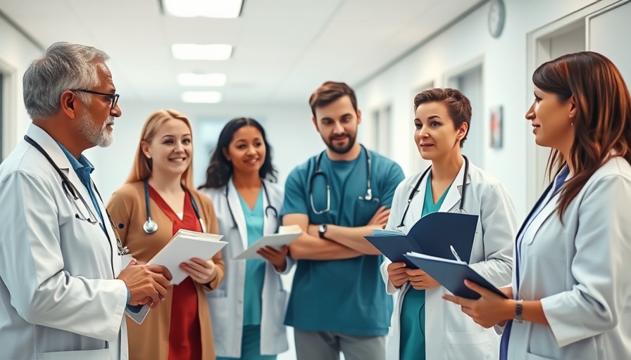 Healthcare equity discussion among diverse professionals in a hospital setting.