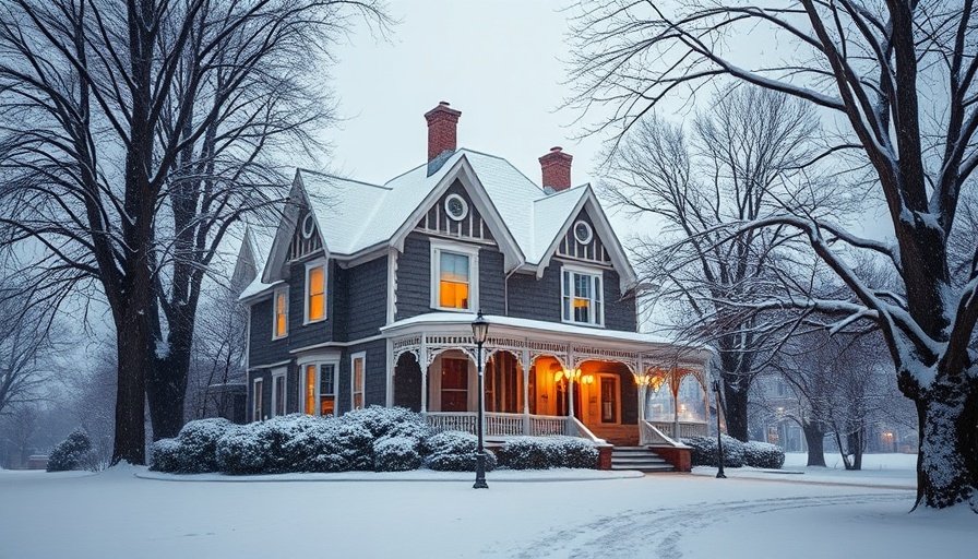 Victorian house in snowy landscape, winter wellness theme.