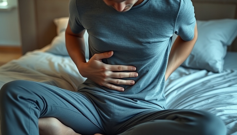 Person holding abdomen in discomfort on bed, related to fatty liver disease.