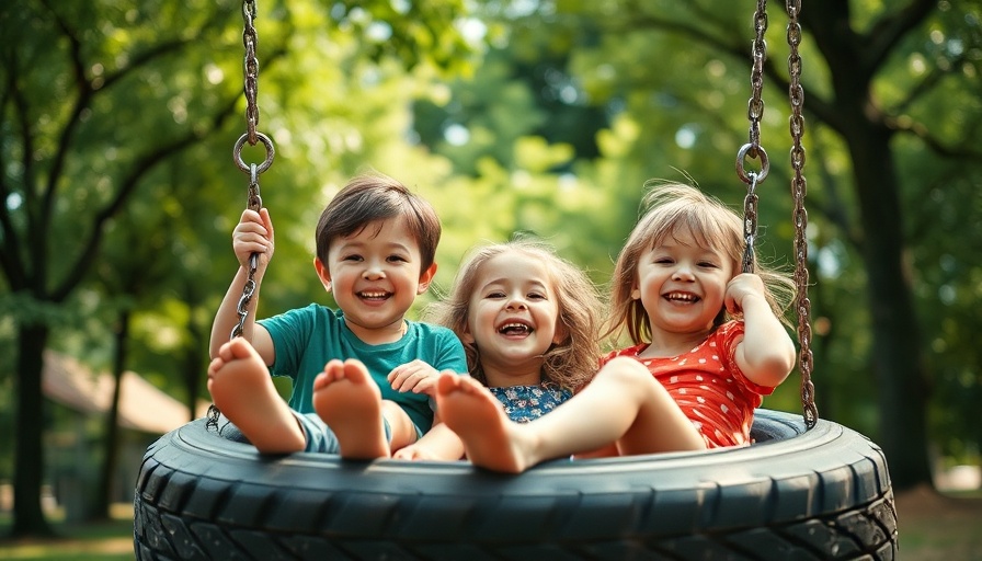 Children playing on a tire swing in a sunny park.