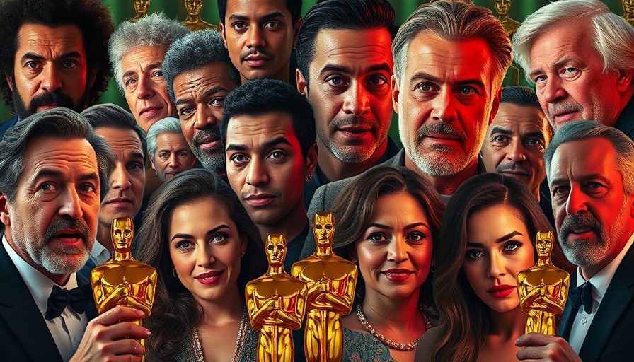 Vibrant collage of actors and Oscar statues, Oscar Snubs 2025 theme.