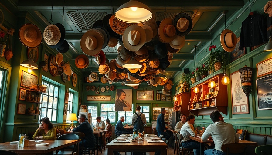 Cozy immersive dining space with vintage decor and hanging hats.