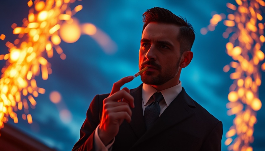 Moody cinematic photo of man with cigarette, night sky, dynamic sparks.