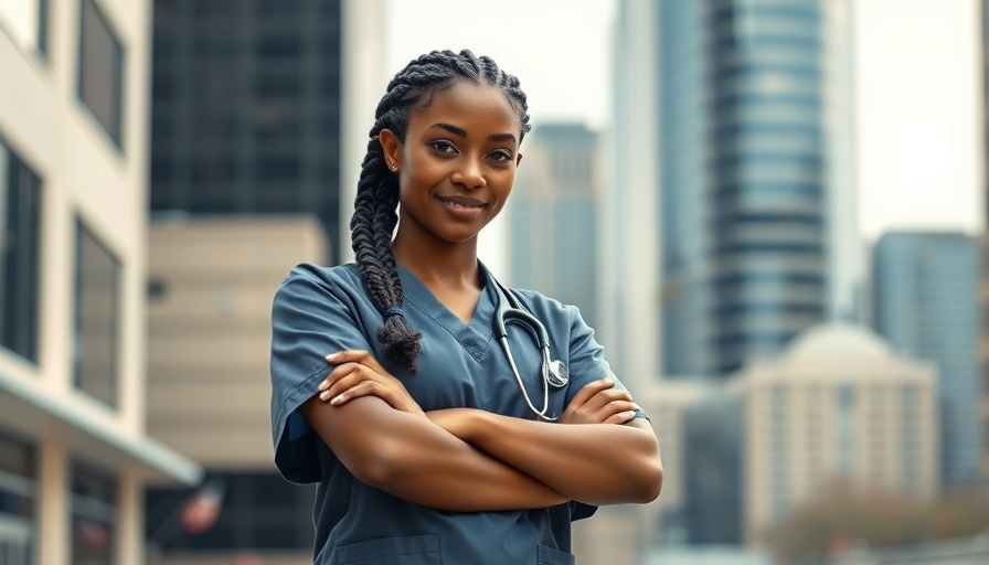 Confident nurse with braids in urban setting, showcasing nursing.