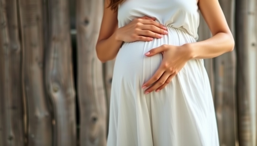 Pregnant woman outdoors in a white dress, serene scene.