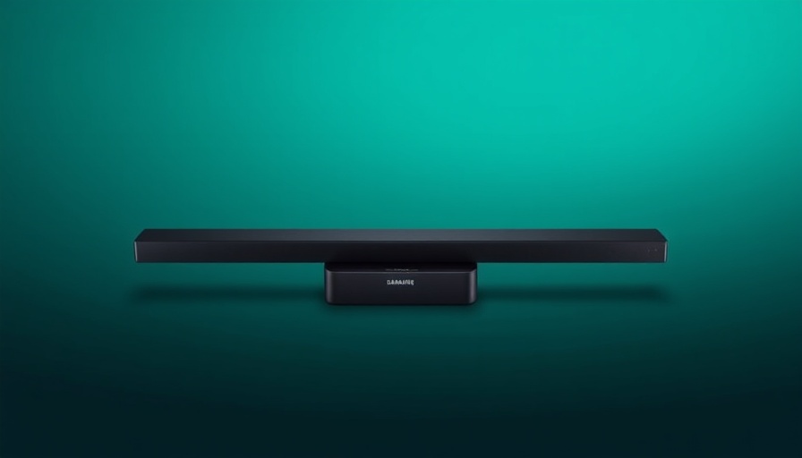 Samsung Soundbar and subwoofer on gradient background.