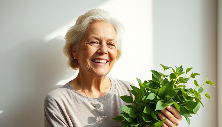Elderly woman smiling holding greens, related to Southern cuisine.