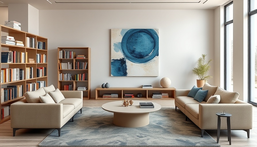 Contemporary living room with stylish bookshelves and abstract art.