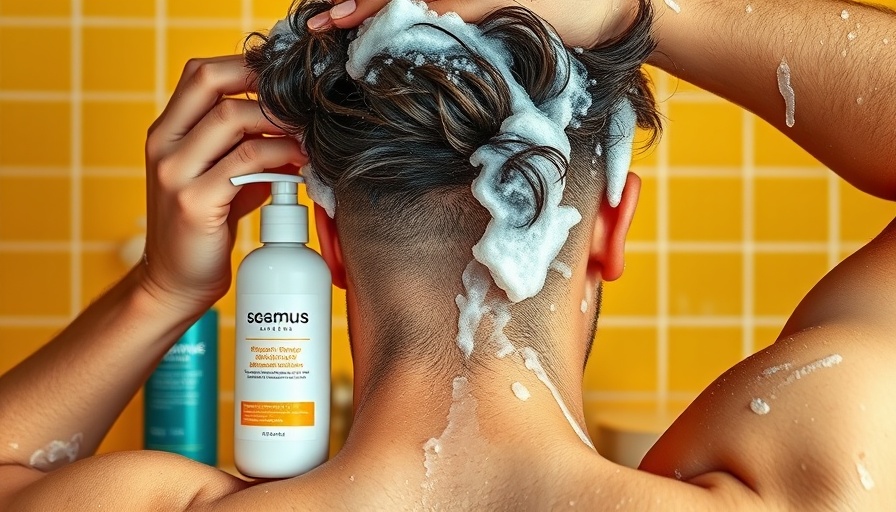 Hair thickening shampoos with man lathering hair, vibrant display.