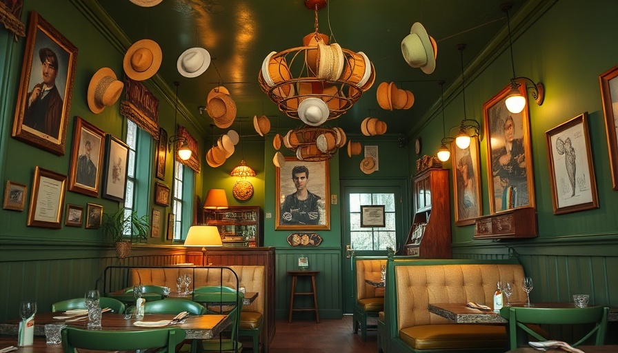 Immersive dining experience with vintage decor and hanging hats.
