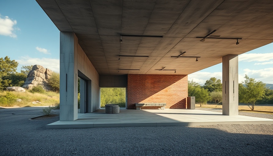 Modern architectural remote workspace in open-air setting.