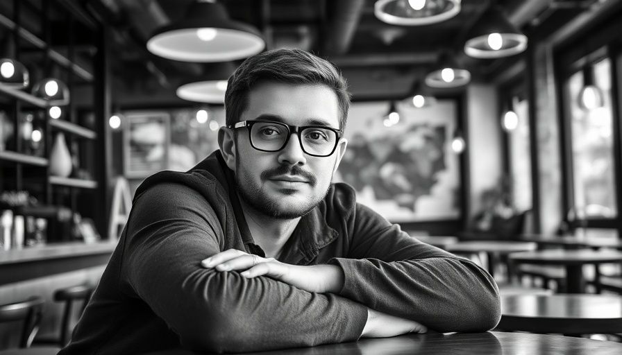 Portrait of a man in a cafe, highlighting AI in healthcare development.