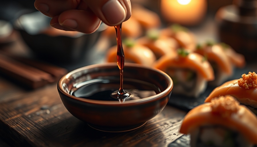 Hand pouring soy sauce into dish near sushi, wooden table.