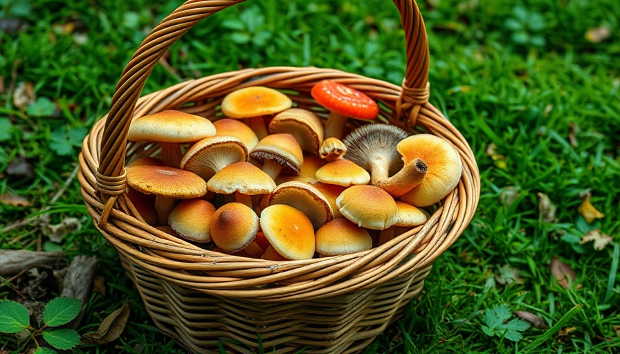 Wicker basket of mushrooms on forest floor, medicinal mushroom gathering.