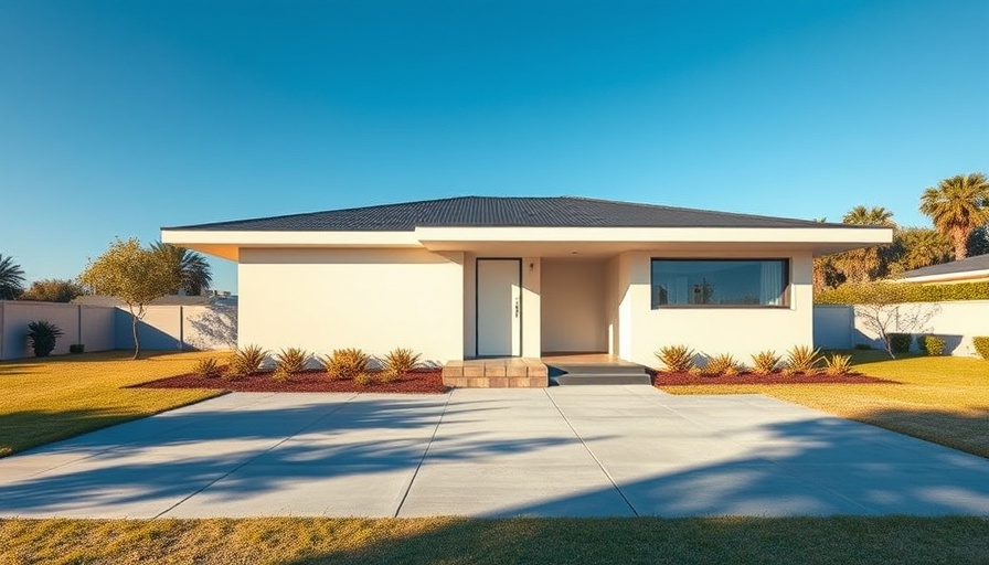 Modern 3D-printed home with spacious yard and clear sky.