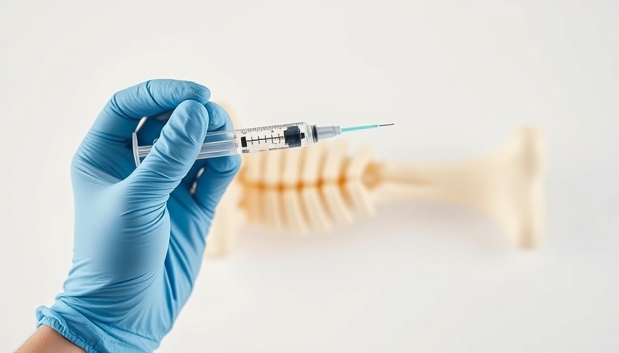 Syringe near bone model illustrating osteoporosis treatment.