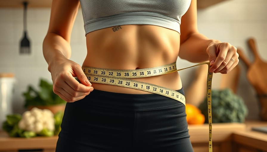 Fit woman measuring waist in kitchen with vegetables, 1:1 Diet.