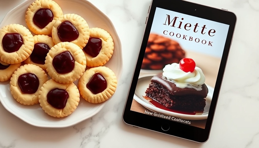Miette Cookbook with thumbprint cookies on marble surface.